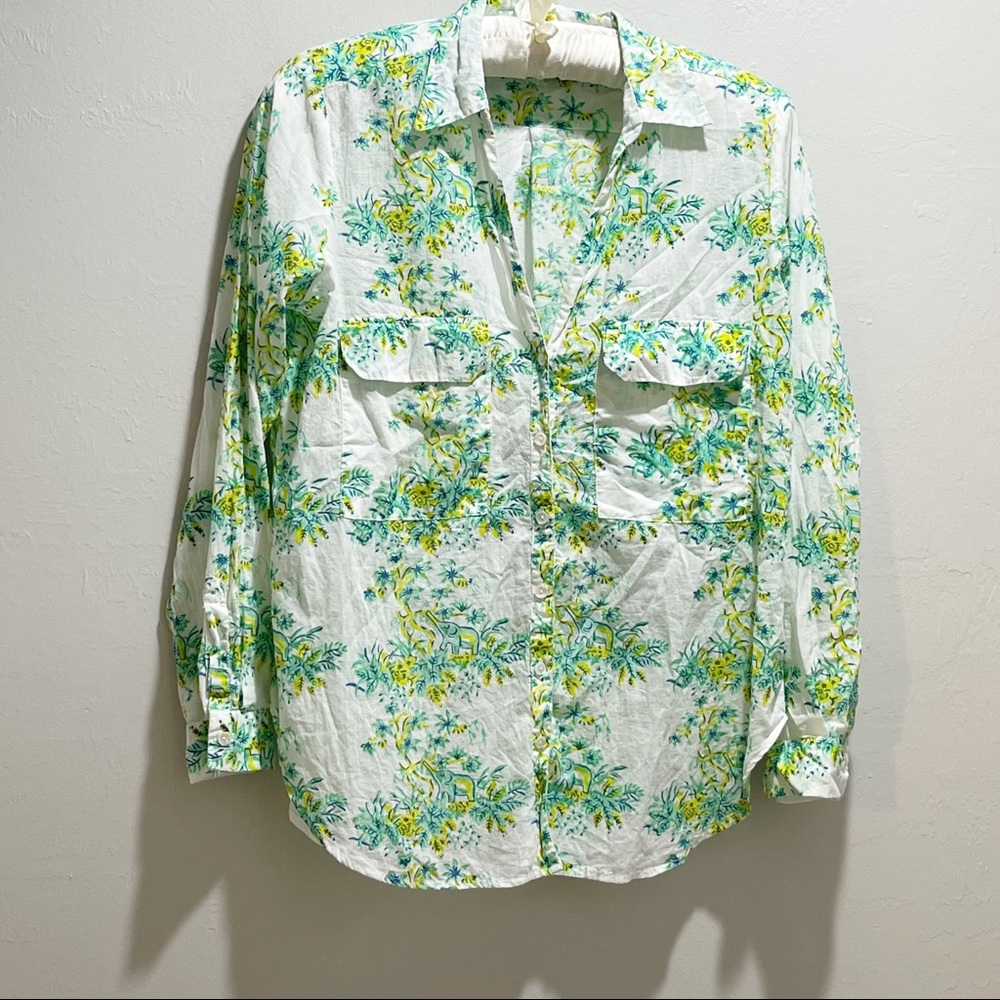 ROBERTA ROLLER RABBIT Women’s White Green Elephant Print Button Up Top - Picture 1 of 9